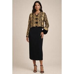 Womens Black Gold Embroidered Jacket Top and Midi Skirt 2 Piece formal outfit